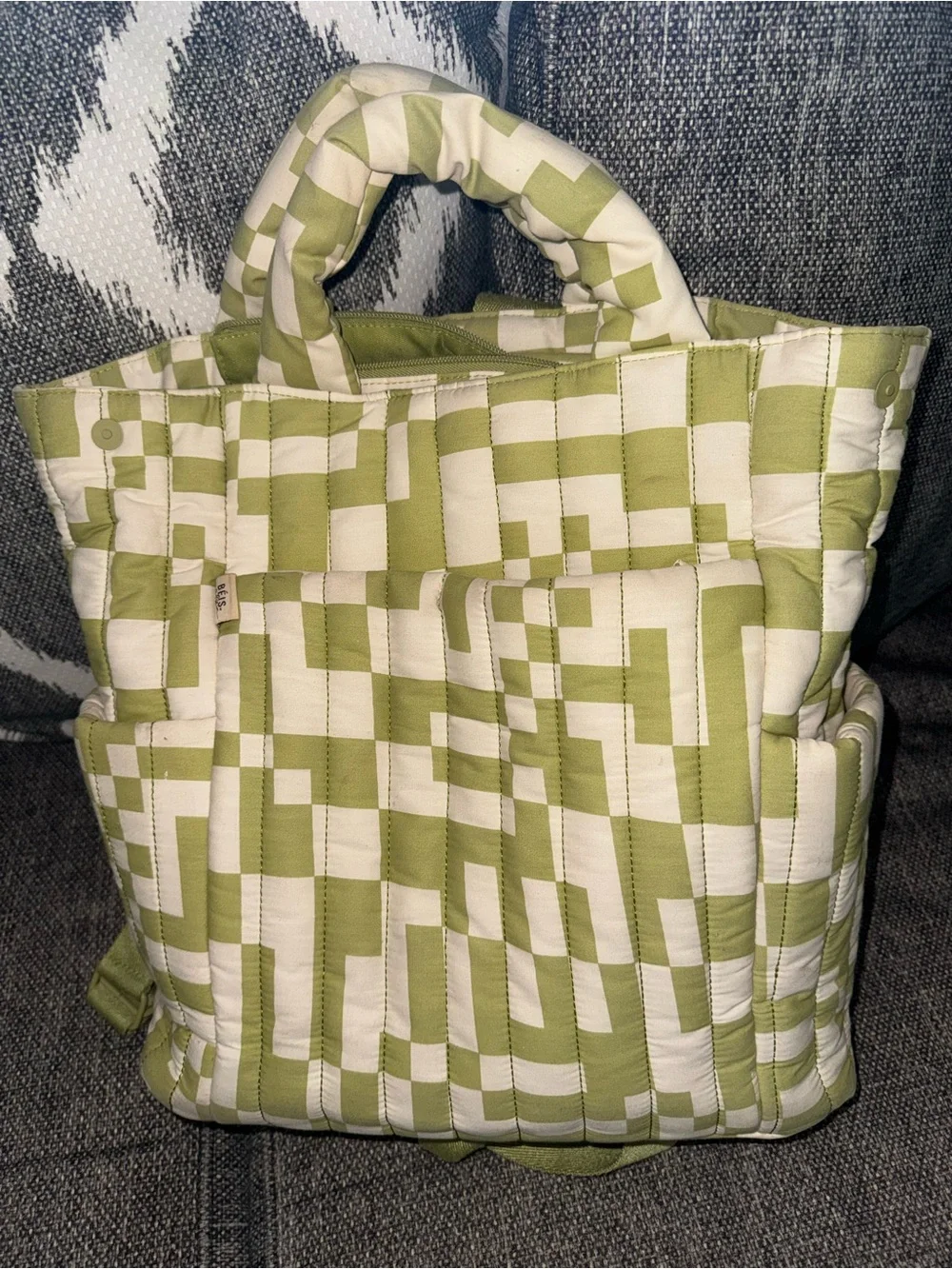 BEIS Quilted Checker Diaper Bag in Green and Cream